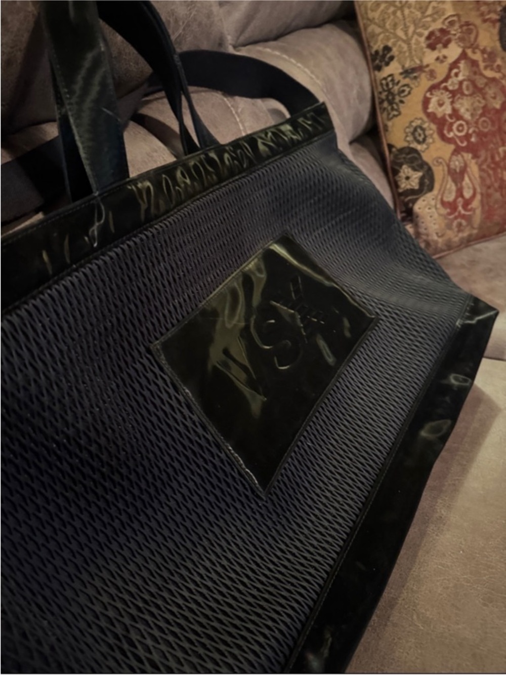 Ladies black mesh & Patent large tote